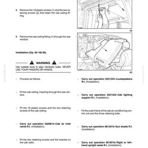 May include: A technical manual page titled Section 90 - Platform, Cab, Bodywork - Chapter 1, featuring black and white line drawings of vehicle cab ceiling removal and installation procedures, including numbered parts and instructional text.