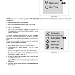 May include: Diagram of a machine's internal components, including a service menu with calibration options. The screen displays prompts for correcting machine conditions, such as oil temperature and engine RPM.