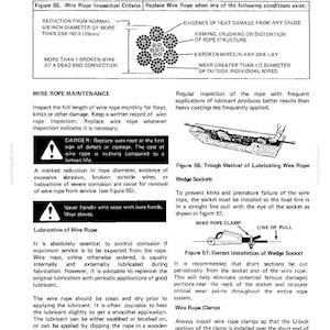 Op de afbeelding: Technische diagram van DROTT CRUZ-CRANE met criteria voor draadkabelinspectie en onderhoudsprocedures. Bevat illustraties van draadkabelschade, smeermethoden en wigsocketinstallatie. Met tekst en diagrammen.