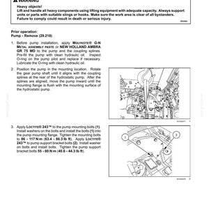 May include: Diagram of pump installation with instructions. Includes warnings about heavy objects and detailed steps for assembly, including applying MOLYKOTE and LOCTITE. Measurements are in lb ft and N&middot;m.