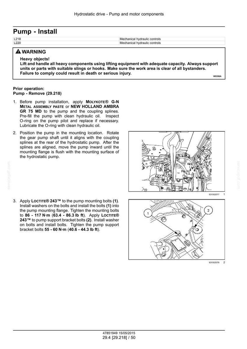 May include: Diagram of pump installation with instructions. Includes warnings about heavy objects and detailed steps for assembly, including applying MOLYKOTE and LOCTITE. Measurements are in lb ft and N&middot;m.