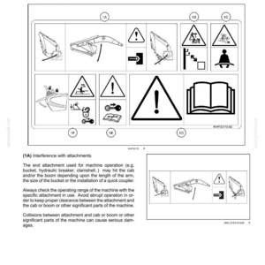 May include: Diagram of safety precautions with various warning symbols and illustrations. Includes a large exclamation point, a person, and a book. Text includes "Decal placement diagrams" and "Safety Information".