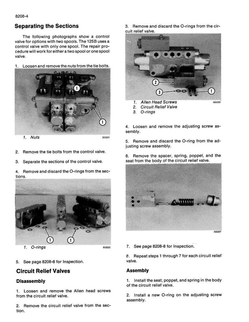 May include: Technical diagram showing the disassembly and assembly of a control valve. The image includes close-ups of various components, including Allen head screws, O-rings, and circuit relief valves. Text explains the steps for separating and reassembling the valve.