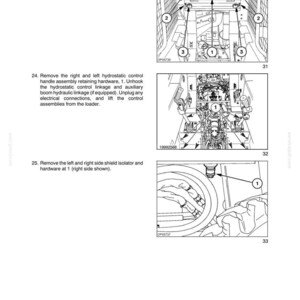 May include: A technical service manual page titled SECTION 90 - PLATFORMS, CAB, BODYWORK, AND DECALS. It features three black and white line drawings with numbered callouts illustrating steps 23, 24, and 25 for removing seat support, control handles, and shield isolator hardware.