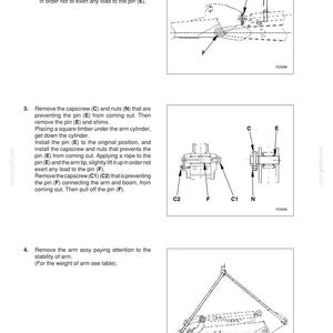 Op de afbeelding: Technische tekening van een armconstructie met labels voor schroeven, moeren en pennen. De afbeelding bevat gedetailleerde instructies voor demontage en montage, met pijlen ter indicatie.