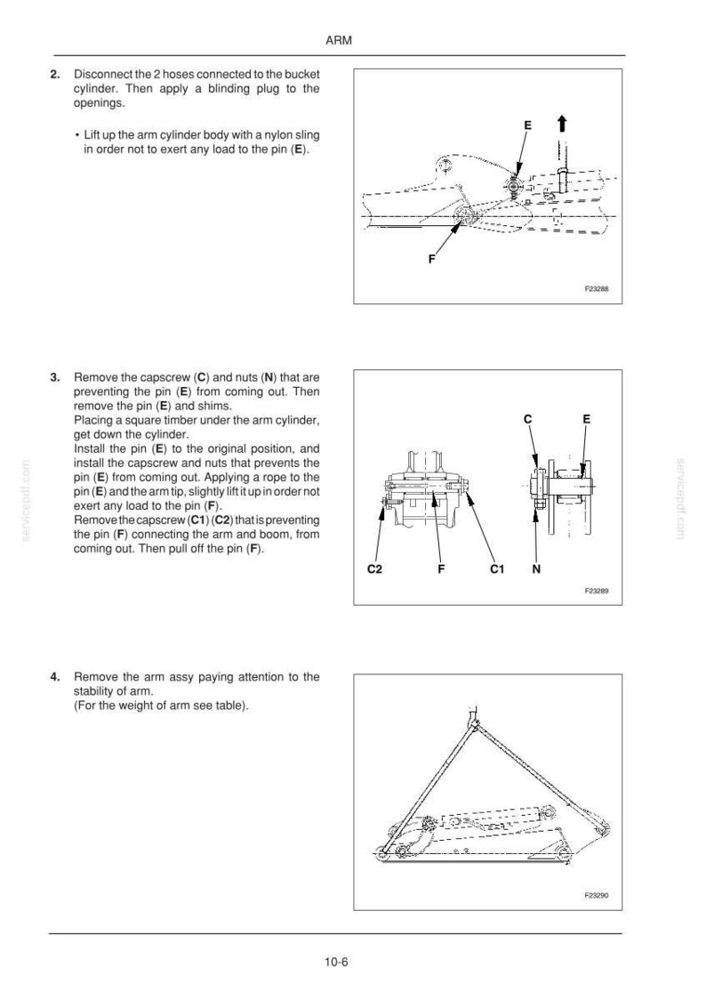 Op de afbeelding: Technische tekening van een armconstructie met labels voor schroeven, moeren en pennen. De afbeelding bevat gedetailleerde instructies voor demontage en montage, met pijlen ter indicatie.