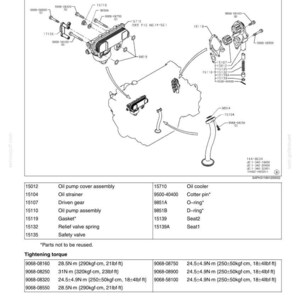 May include: Diagram of an engine part layout with an air compressor example. The image includes an exploded view of various components, such as oil pump cover assembly, oil strainer, and relief valve spring. Tightening torque specifications are also provided.