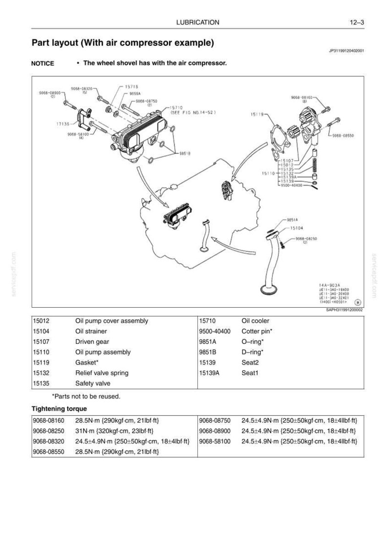 May include: Diagram of an engine part layout with an air compressor example. The image includes an exploded view of various components, such as oil pump cover assembly, oil strainer, and relief valve spring. Tightening torque specifications are also provided.