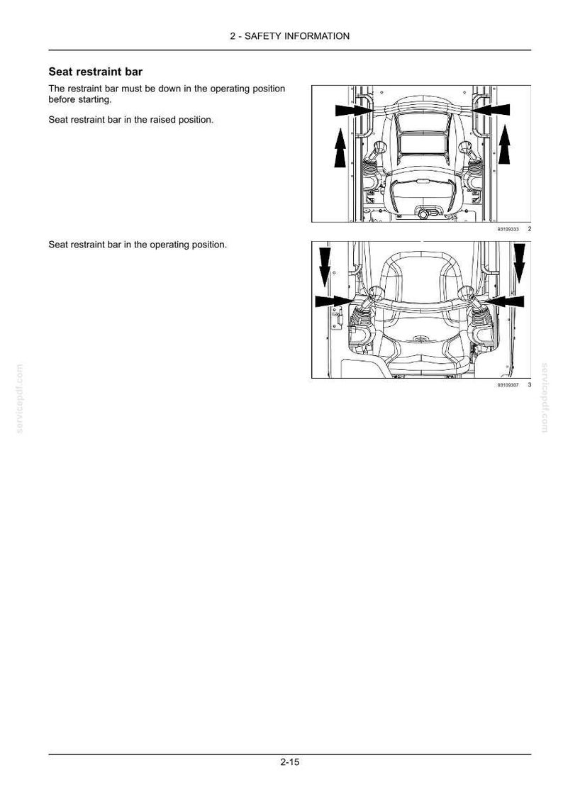 May include: Diagram illustrating safety information for a seat restraint bar. The text reads "Seat restraint bar" and "2 - SAFETY INFORMATION". The image shows the bar in the raised and operating positions, with arrows indicating movement.