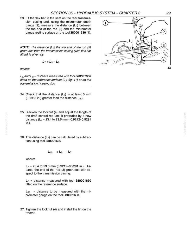 May include: A technical manual page titled SECTION 35 - HYDRAULIC SYSTEM - CHAPTER 2, featuring a black and white line drawing of a micrometer depth gauge tool 380001630 measuring a rod on a transmission casing, with detailed instructional text.