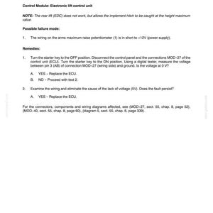 May include: A page from a manual with the title "SECTION 55 - ELECTRICAL SYSTEM - CHAPTER 9". The text describes troubleshooting steps for voltage issues, including checking wiring and replacing the ECU. The page includes diagrams and connector references.