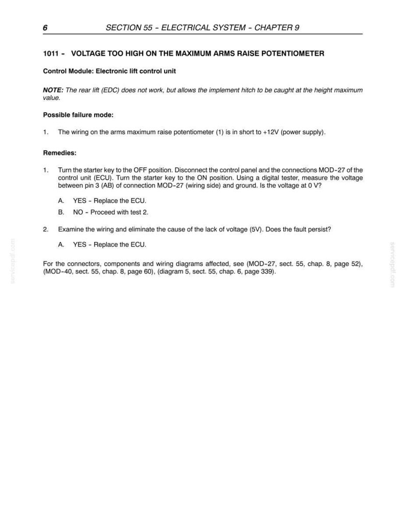 May include: A page from a manual with the title "SECTION 55 - ELECTRICAL SYSTEM - CHAPTER 9". The text describes troubleshooting steps for voltage issues, including checking wiring and replacing the ECU. The page includes diagrams and connector references.