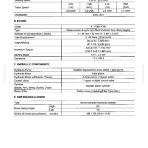 May include: A technical specification document page titled 6. SPECIFICATIONS, detailing speed, gradeability, engine data for model 4TNV88-XYB, hydraulic components, and side digging and dozer measurements in both metric and imperial units.