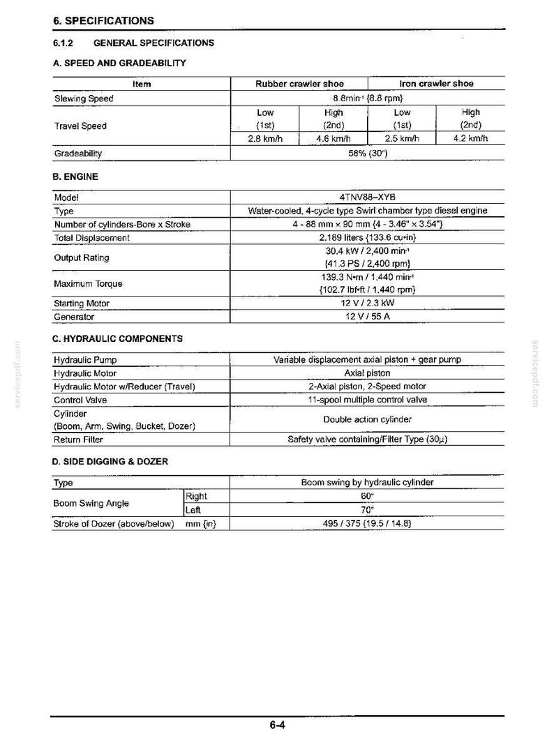 May include: A technical specification document page titled 6. SPECIFICATIONS, detailing speed, gradeability, engine data for model 4TNV88-XYB, hydraulic components, and side digging and dozer measurements in both metric and imperial units.
