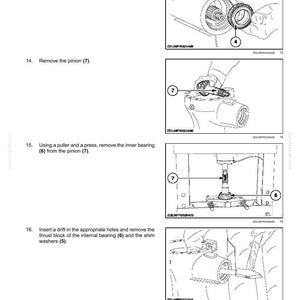 May include: Diagram of a rear axle system with instructions for removing parts. Steps include removing the bearing (4), pinion (7), inner bearing (6), and shim washers (5). Text and labels are included.