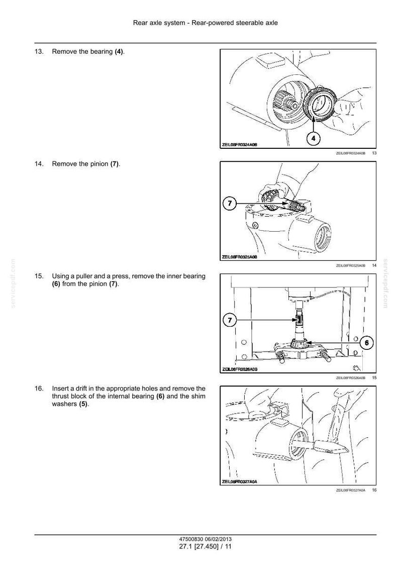 May include: Diagram of a rear axle system with instructions for removing parts. Steps include removing the bearing (4), pinion (7), inner bearing (6), and shim washers (5). Text and labels are included.