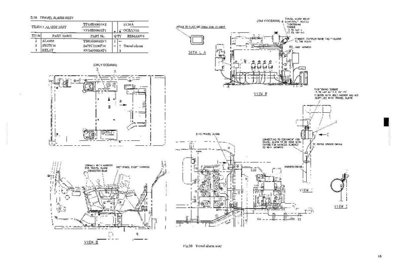 May include: A technical engineering diagram titled 5.18 TRAVEL ALARM ASSY, featuring black line drawings on a white background. It includes a parts list table, multiple views labelled A, B, and C, and detailed schematics for installing a travel alarm.
