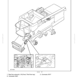 May include: Diagram of electrical systems, harnesses, and connectors. The image shows a detailed technical illustration of a machine, with callouts for specific components like the reel fore solenoid L-16 and connectors X021 and X017.