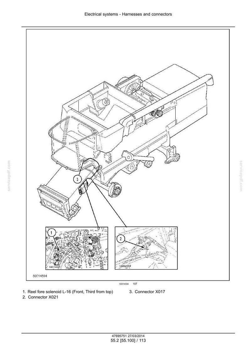 May include: Diagram of electrical systems, harnesses, and connectors. The image shows a detailed technical illustration of a machine, with callouts for specific components like the reel fore solenoid L-16 and connectors X021 and X017.