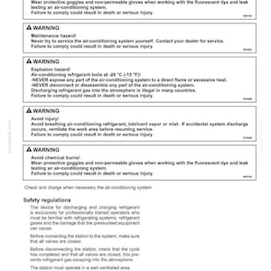 May include: A page from a maintenance manual for an air-conditioning system. The page features multiple warning labels about potential hazards, including chemical burns and explosion risks, along with safety regulations.