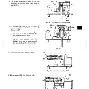 K&ouml;nnte beinhalten: Eine Seite aus einem technischen Handbuch mit schwarz-wei&szlig;en Strichzeichnungen, beschriftet als Fig. 34, 35, 36 und 37. Die Diagramme veranschaulichen mechanische Montageschritte f&uuml;r ein Ger&auml;t und zeigen Komponenten wie Hebel 613, Kolben 643, Stift 875, Stopfen 614, Ring 814 und Feder 655 mit nummerierten Referenzhinweisen.