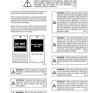 May include: A safety manual page with the title "SAFETY" and several warning symbols. The page includes instructions and warnings about machine operation, maintenance, and safety procedures. The manual is printed in the U.S.A.