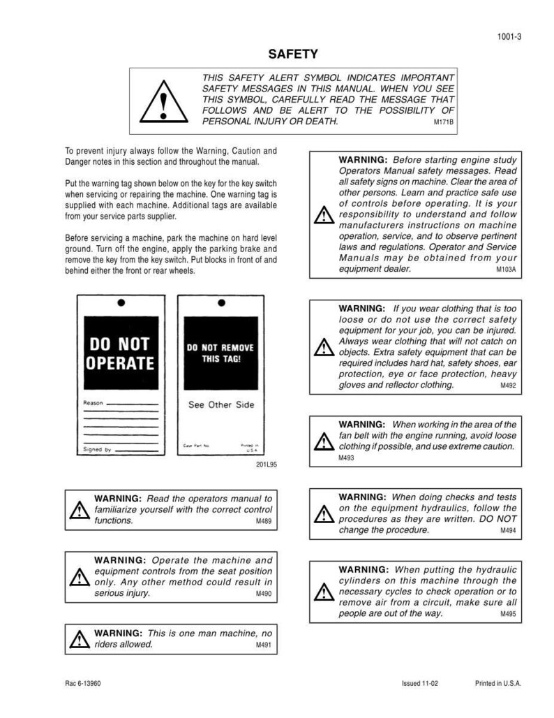 May include: A safety manual page with the title "SAFETY" and several warning symbols. The page includes instructions and warnings about machine operation, maintenance, and safety procedures. The manual is printed in the U.S.A.