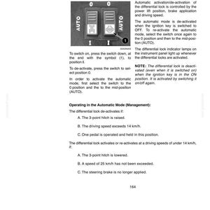May include: A technical manual page titled Operational Use, Differential lock with management, featuring a diagram of two black switches labeled AUTO, 0, and I, with text explaining activation, de-activation, and automatic mode conditions.