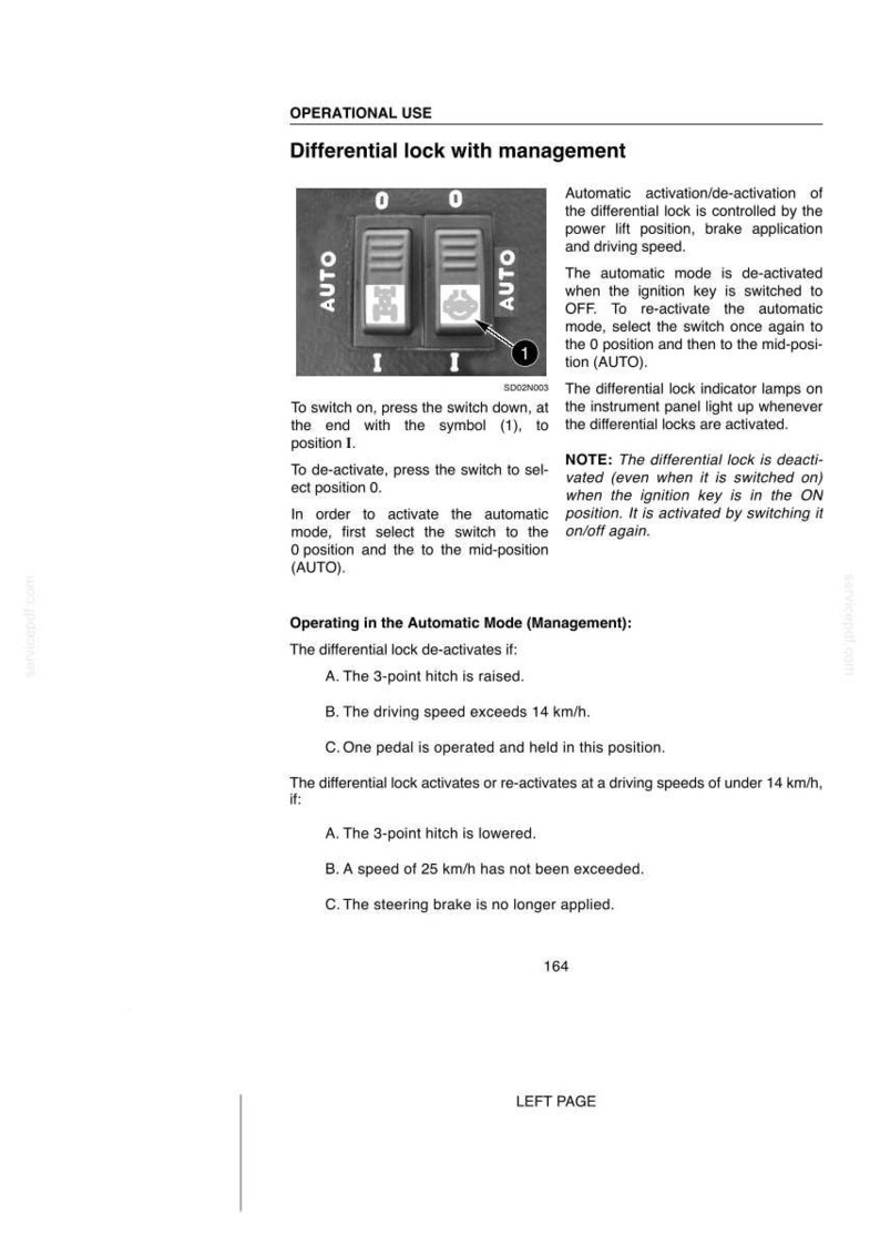 May include: A technical manual page titled Operational Use, Differential lock with management, featuring a diagram of two black switches labeled AUTO, 0, and I, with text explaining activation, de-activation, and automatic mode conditions.