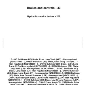 May include: A document with the New Holland Construction logo, listing "Brakes and controls" and "Hydraulic service brakes." Includes detailed specifications for D180C Bulldozer blades and tracks, with various non-regulated configurations.