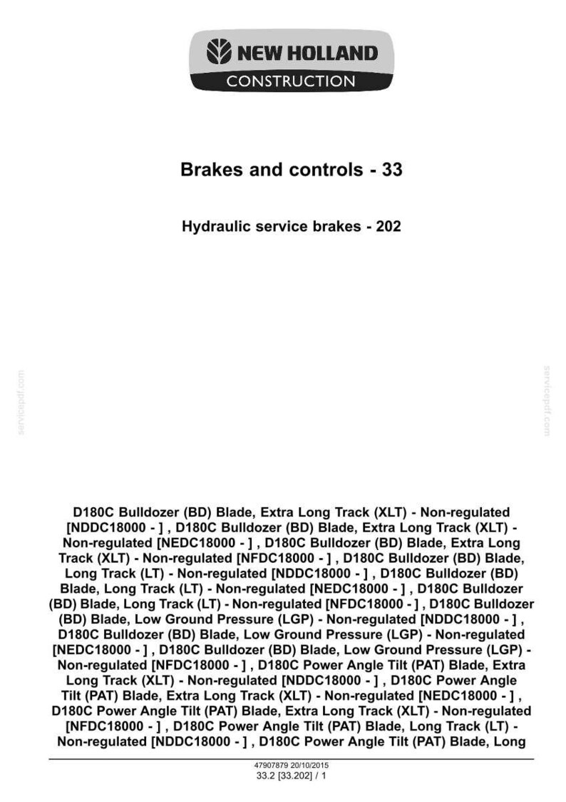 May include: A document with the New Holland Construction logo, listing "Brakes and controls" and "Hydraulic service brakes." Includes detailed specifications for D180C Bulldozer blades and tracks, with various non-regulated configurations.