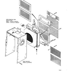 May include: An exploded diagram of a radiator installation, labeled "Figure 6". The image shows various components, including a radiator, mounting straps, and perforated metal panels. Text includes "Dozer Radiator Shroud Illustrated".