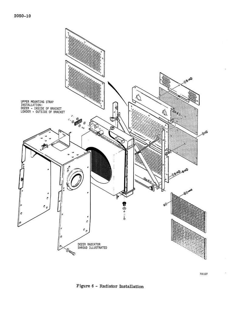 May include: An exploded diagram of a radiator installation, labeled "Figure 6". The image shows various components, including a radiator, mounting straps, and perforated metal panels. Text includes "Dozer Radiator Shroud Illustrated".