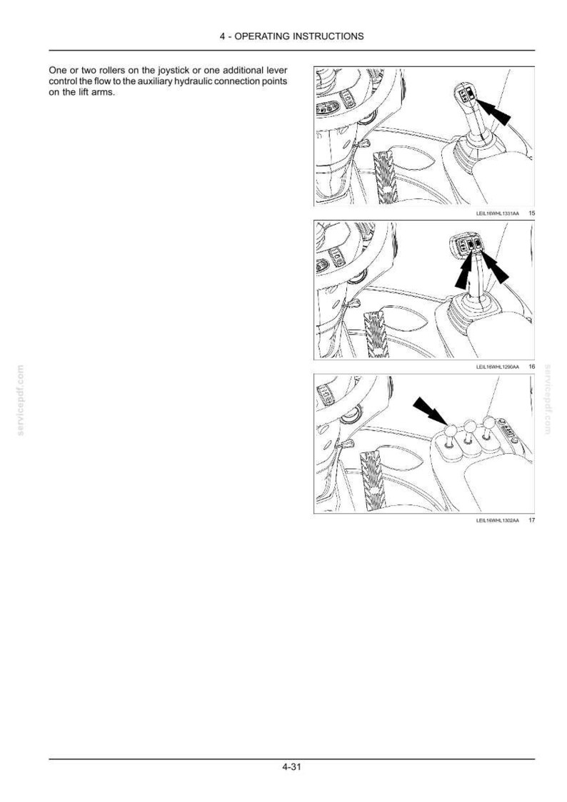 Puede incluir: Una p&aacute;gina de manual t&eacute;cnico titulada 4 - OPERATING INSTRUCTIONS con tres dibujos lineales en blanco y negro de controles de maquinaria. El texto explica que los rodillos en el joystick o una palanca adicional controlan el flujo hidr&aacute;ulico.
