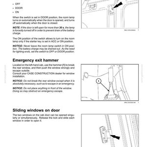 May include: A page from a manual detailing cab internal lighting, an emergency exit hammer, and sliding windows on a door. The text includes operating instructions and safety notices. Diagrams illustrate the components.