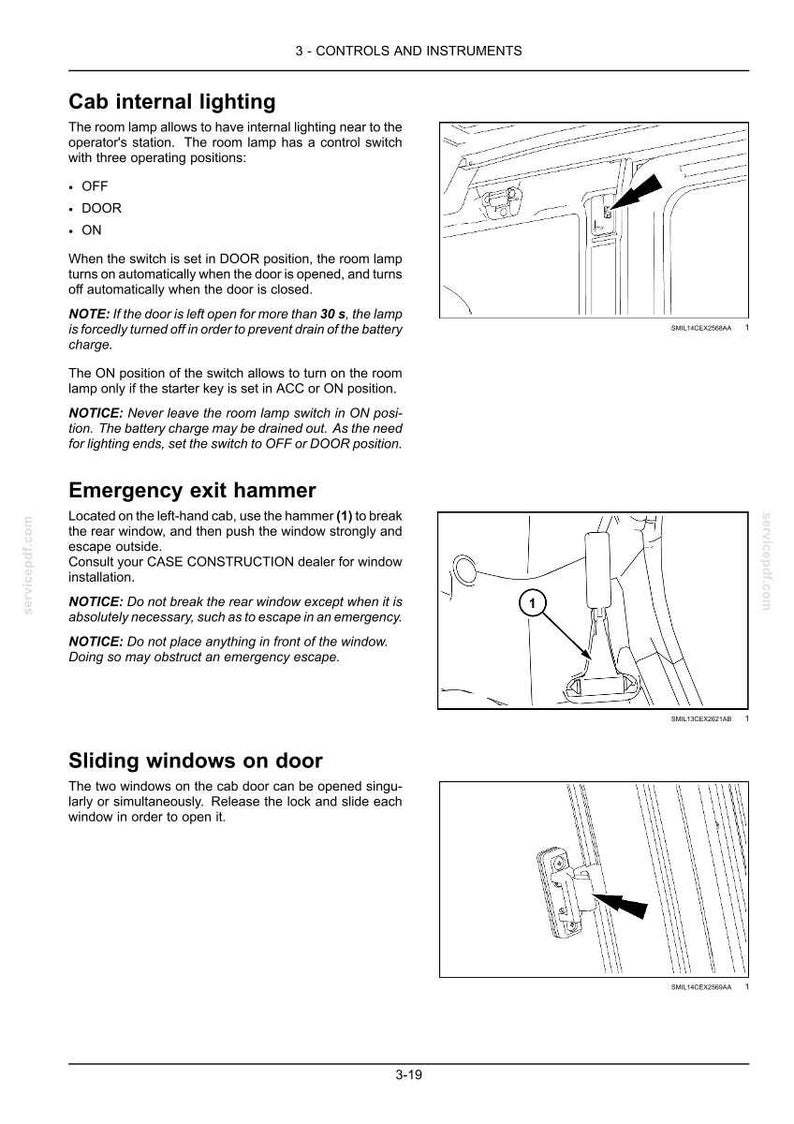 May include: A page from a manual detailing cab internal lighting, an emergency exit hammer, and sliding windows on a door. The text includes operating instructions and safety notices. Diagrams illustrate the components.