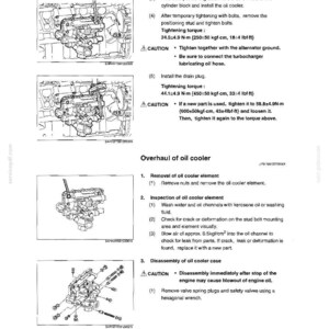 May include: A technical service manual page titled Lubrication and Overhaul of oil cooler, featuring black and white line drawings of engine components, assembly diagrams, and specific torque specifications in N-m, kgf-cm, and lbf-ft units.