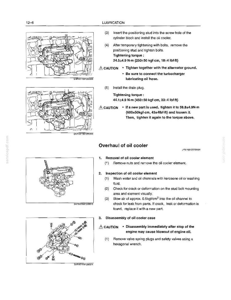 May include: A technical service manual page titled Lubrication and Overhaul of oil cooler, featuring black and white line drawings of engine components, assembly diagrams, and specific torque specifications in N-m, kgf-cm, and lbf-ft units.