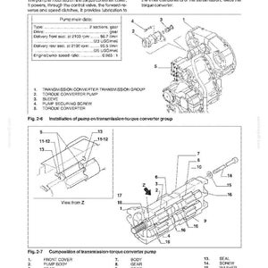 May include: Diagram of a torque converter pump with labels and callouts. The diagram includes detailed illustrations of the pump's components, such as gears, seals, and covers, with measurements in liters per minute and US gallons per minute.