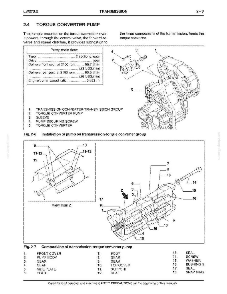 May include: Diagram of a torque converter pump with labels and callouts. The diagram includes detailed illustrations of the pump's components, such as gears, seals, and covers, with measurements in liters per minute and US gallons per minute.