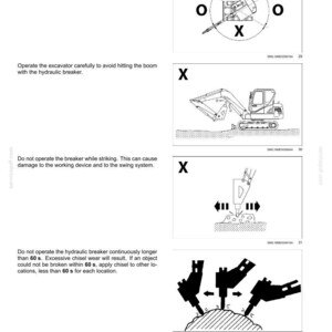 Puede incluir: P&aacute;gina de un manual titulado "9 - ACCESORIOS" con diagramas e instrucciones. Los diagramas muestran una excavadora y un martillo hidr&aacute;ulico con advertencias de seguridad. El texto incluye "No opere el interruptor..." y "Opere la excavadora con cuidado..."