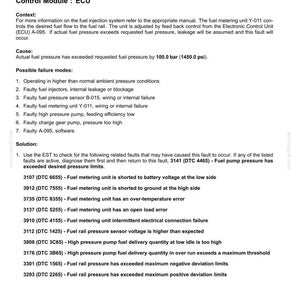 Peut inclure: Document de diagnostic avec codes d'erreur pour syst&egrave;mes &eacute;lectriques, concernant la pression de la pompe &agrave; carburant d&eacute;passant les limites. Inclut les modes de d&eacute;faillance et solutions, en bar et psi.