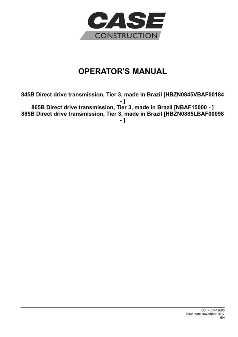May include: A white document featuring the "CASE CONSTRUCTION" logo and the text "OPERATOR'S MANUAL". The document details specifications for direct drive transmissions, including model numbers and the country of manufacture.