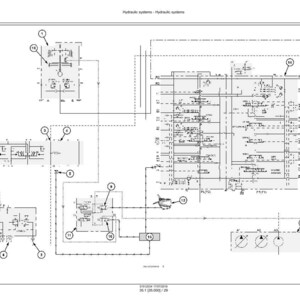 May include: A detailed schematic diagram of a hydraulic system, rendered in black and white. The diagram includes various components, labeled with numbers and connected by lines, illustrating the flow and function of the system. The title "Hydraulic systems" is at the top.