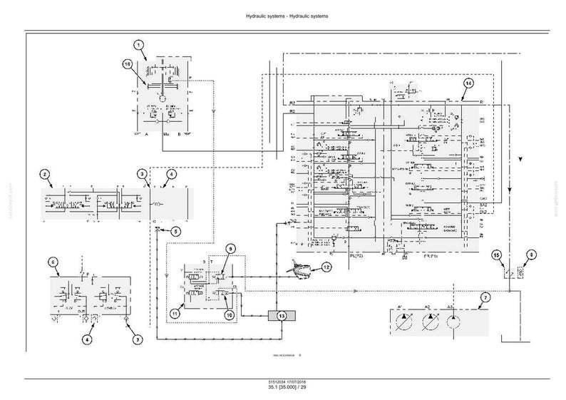 May include: A detailed schematic diagram of a hydraulic system, rendered in black and white. The diagram includes various components, labeled with numbers and connected by lines, illustrating the flow and function of the system. The title "Hydraulic systems" is at the top.