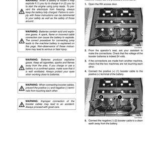 May include: A page from a manual titled "Connecting a Booster Battery" with safety warnings and numbered instructions. The image includes diagrams of battery connections and cautions about explosive gases and improper connections.