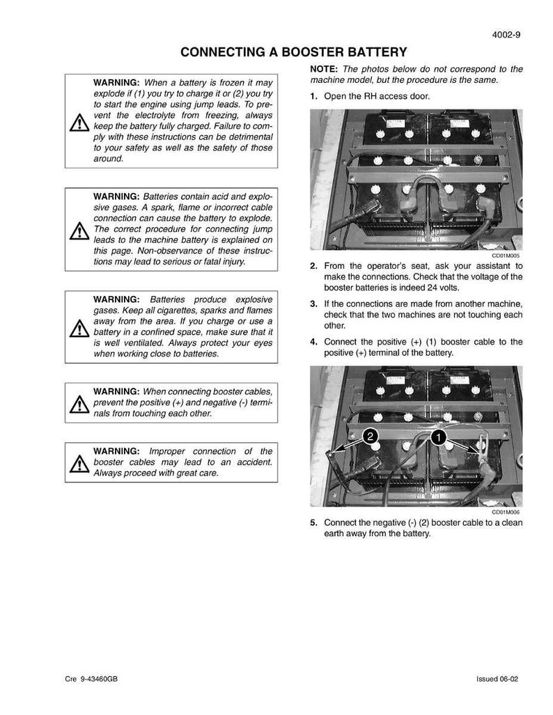 May include: A page from a manual titled "Connecting a Booster Battery" with safety warnings and numbered instructions. The image includes diagrams of battery connections and cautions about explosive gases and improper connections.