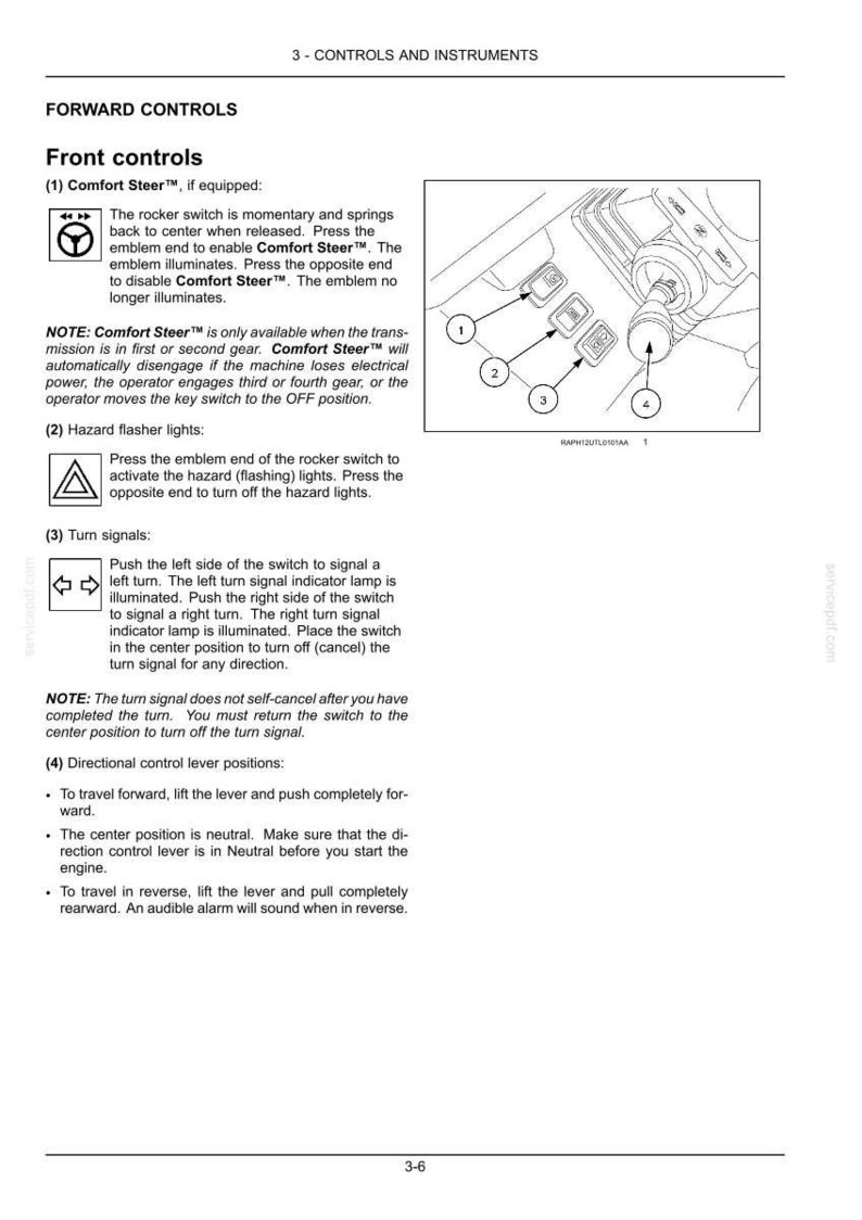 May include: Diagram of a vehicle's forward controls, including Comfort Steer, hazard flashers, and turn signals. The image includes numbered diagrams and text instructions for operating the controls.