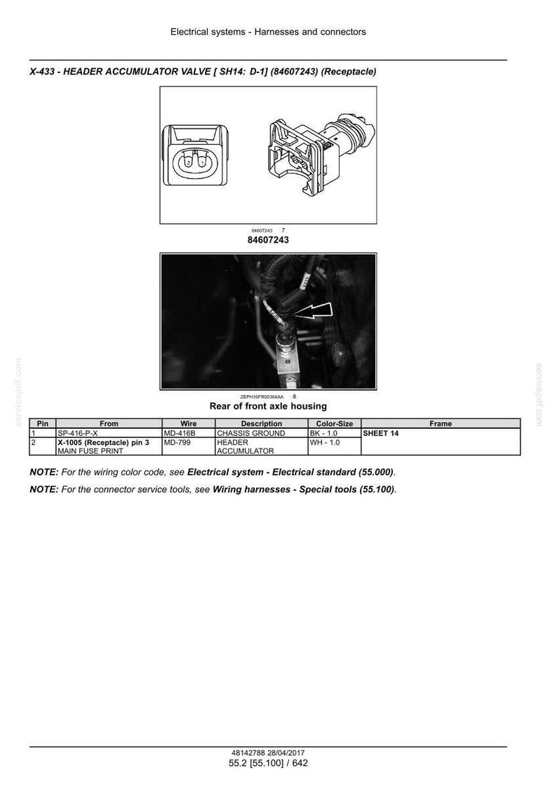 May include: Diagram of an electrical system component, labeled X-433 Header Accumulator Valve, with detailed illustrations of the receptacle and wiring connections. Includes a table with pin, wire, and color-size information.