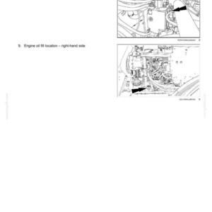 May include: Diagram of machinery components with arrows pointing to specific areas. The image includes labels for hydraulic valve access and engine oil fill location. The text "7 - MAINTENANCE" is at the top.
